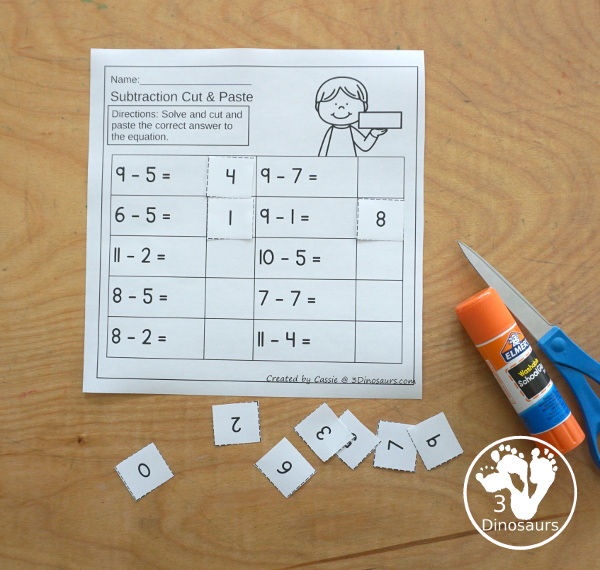 Free Subtraction Cut & Paste Worksheet - 4 worksheets with subtraction from 9 to 0 answers with numbers from 1 to 10. You have cut and paste the answers to the subtraction problems - 3Dinosaurs.com