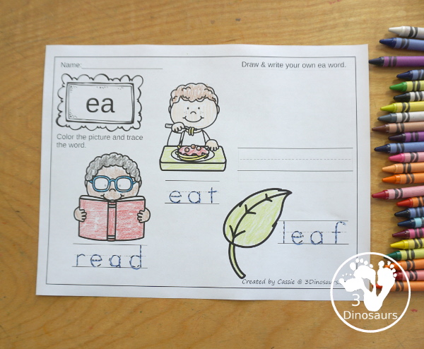 Vowel Team Coloring Pages with 9 color pages with two options for tracing the word and writing the words with a space to make their own word. - 3Dinosaurs.com