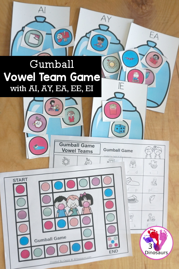 Free Candy Jar Vowel Team Game: AI, AY, EA, EE, & EI - with gameboard, gumball cards with vowel team word pictures, vowel team sorting mats and vowel team recording worksheet to go with sorting and game. - 3Dinosaurs.com