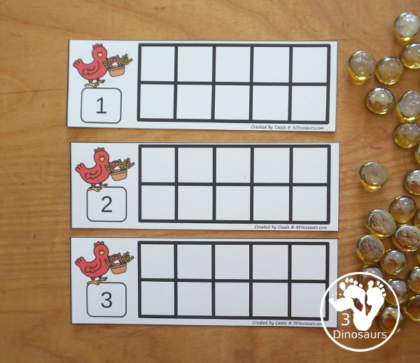 Free Wheat Ten Frame Printables for The Little Red Hen has numbers 1 to 10. You have two sets of ten frames cards. You have one with the ten frame filled out and one with the ten frame blank. It has a gathering wheat theme - 3Dinosaurs.com