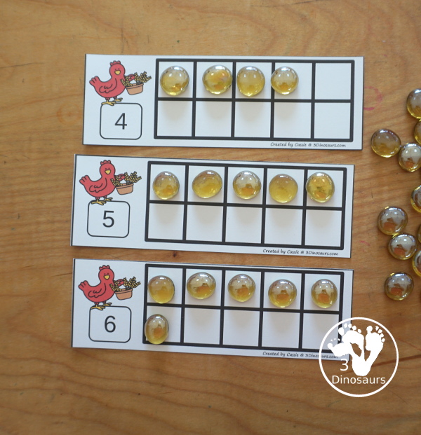 Free Wheat Ten Frame Printables for The Little Red Hen has numbers 1 to 10. You have two sets of ten frames cards. You have one with the ten frame filled out and one with the ten frame blank. It has a gathering wheat theme - 3Dinosaurs.com