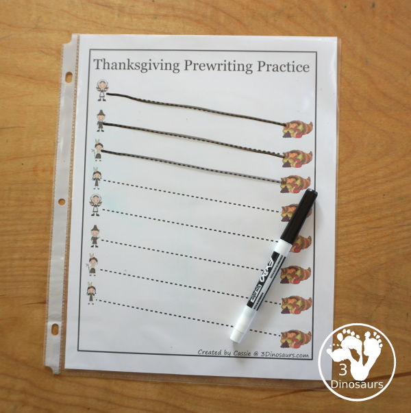 Free Thanksgiving Prewriting Practice Printables 7 thick solid prewriting lines, 7 thick dashed prewriting lines, 14 thin dashed prewriting lines with natives, pilgrims and cornucopia theme. 3Dinosaurs.com