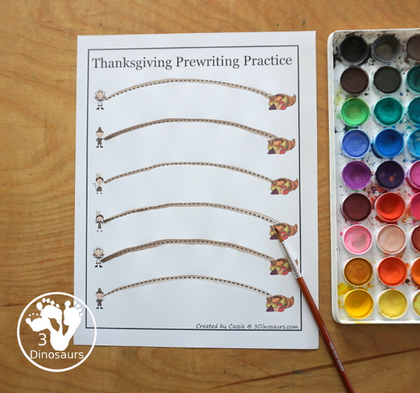 Free Thanksgiving Prewriting Practice Printables 7 thick solid prewriting lines, 7 thick dashed prewriting lines, 14 thin dashed prewriting lines with natives, pilgrims and cornucopia theme. 3Dinosaurs.com