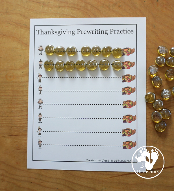 Free Thanksgiving Prewriting Practice Printables 7 thick solid prewriting lines, 7 thick dashed prewriting lines, 14 thin dashed prewriting lines with natives, pilgrims and cornucopia theme. 3Dinosaurs.com