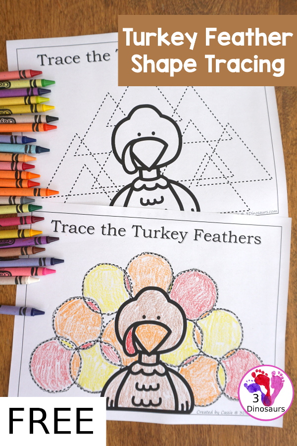 Free Turkey Feather Shape Tracing - 5 shapes for kids to learn with this easy no-prep printable - 3Dinosaurs.com #no-prep #shapes #freeprintables #kindergarten #prek