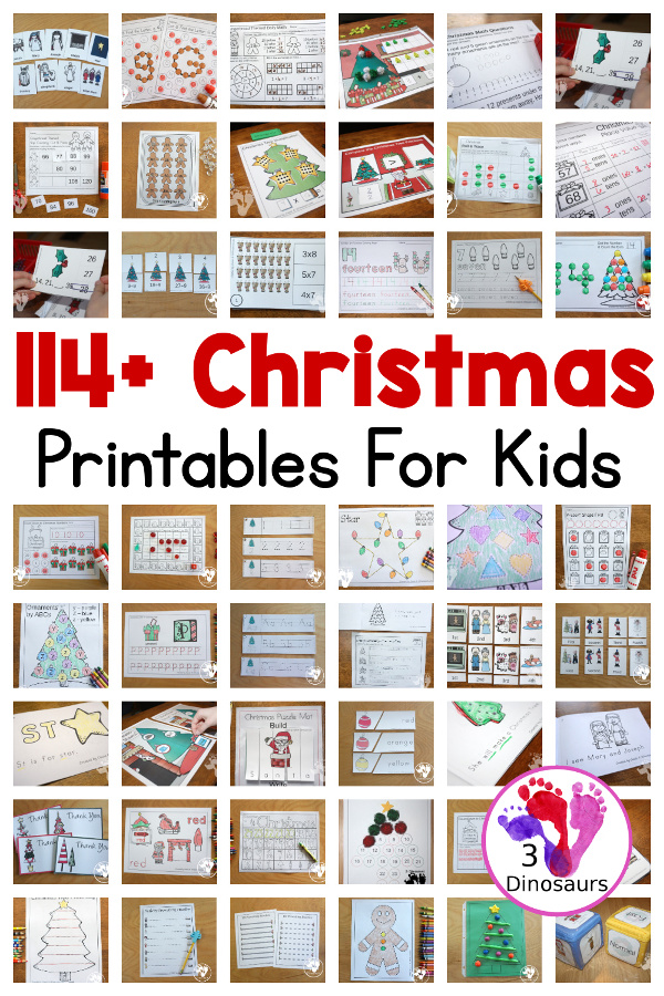 114+ Christmas Printables for Kids - with 15 Christmas themed packs, learning to read, ABCs, prewriting, math, numbers, shapes, countdown to Christmas and more - 3Dinosaurs.com #christmasprintables #printablesforkids #handsonlearning #noprepprintable