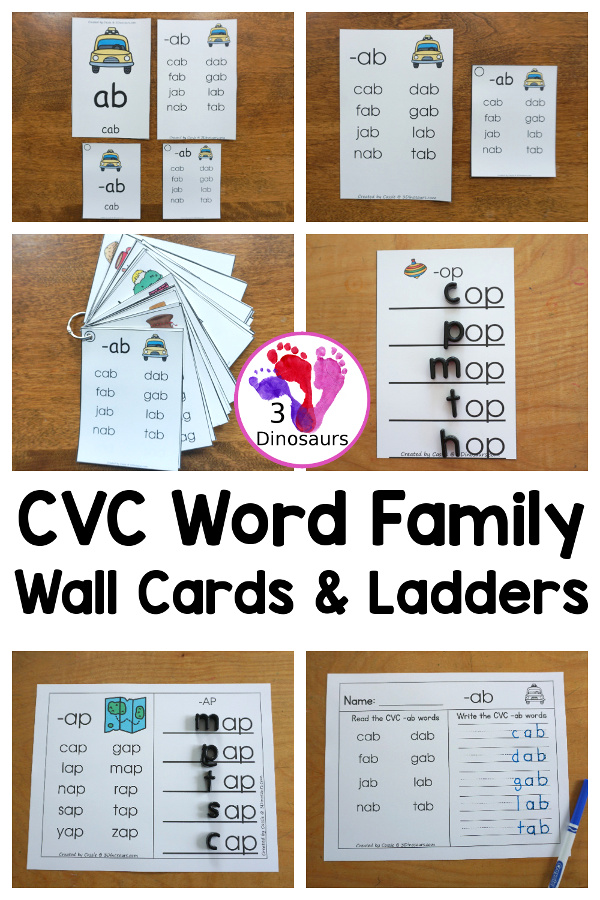 CVC Word Family Cards & Ladders St - with 33 word families for kids to learn with. 2 cards per page and up to 10 words per card  and cards in two sizes with matching word building ladders - 3Dinosaurs.com