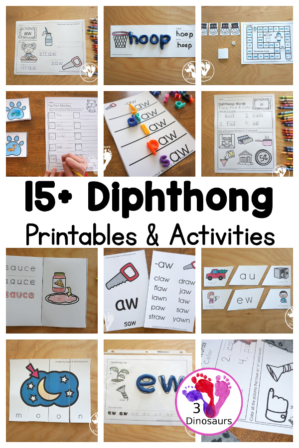 15+ Diphthong Printables & Activities - with diphthong wall cards, diphthong ladders, hands-on printables and more to work on diphthongs - 3Dinosaurs.com
