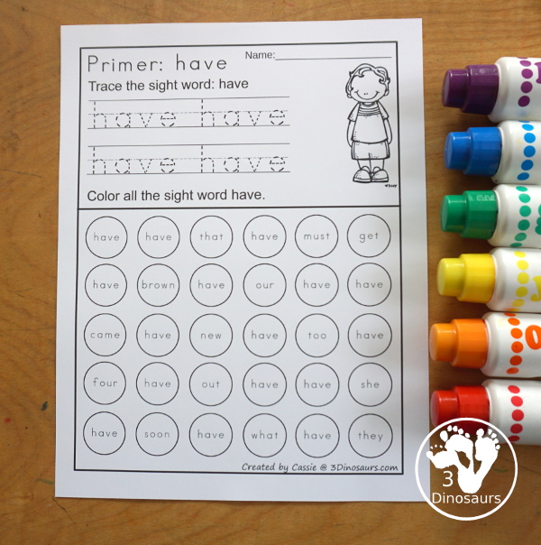 Free Primer Sight Word Trace & Dot the Word - a fun way to work on sight word with tracing the sight word and finding the sight words. - 3Dinosaurs.com