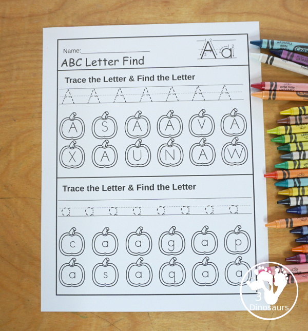 Pumpkin ABC Letter Find with Uppercase Find and Lowercase Find Printable - has all 26 letters of the alphabet with uppercase letter find and lowercase letter find on the same pages with tracing letters - 3Dinosaurs.com
