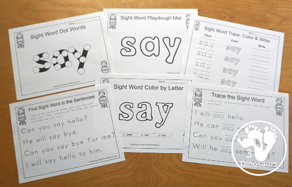 Free Romping & Roaring Primer Sight Words: Say, She, So, Soon - you have 6 pages for each sight word that work on learning the sight word in different ways with reading, writing, and finding. 3Dinosaurs.com