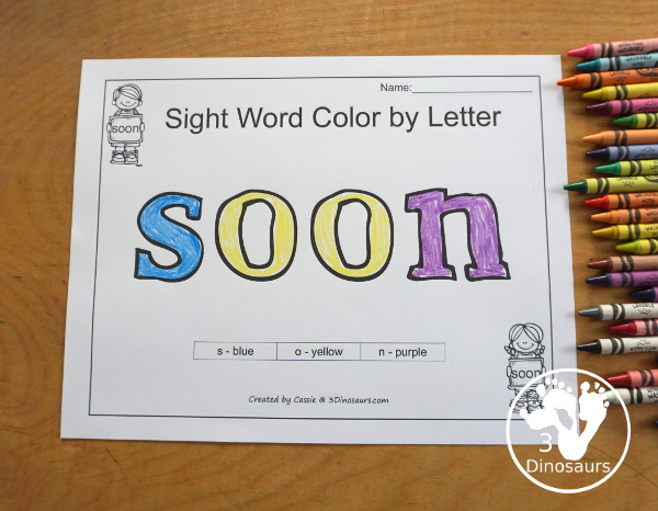 Free Romping & Roaring Primer Sight Words: Say, She, So, Soon - you have 6 pages for each sight word that work on learning the sight word in different ways with reading, writing, and finding. 3Dinosaurs.com