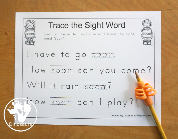Free Romping & Roaring Primer Sight Words: Say, She, So, Soon - you have 6 pages for each sight word that work on learning the sight word in different ways with reading, writing, and finding. 3Dinosaurs.com