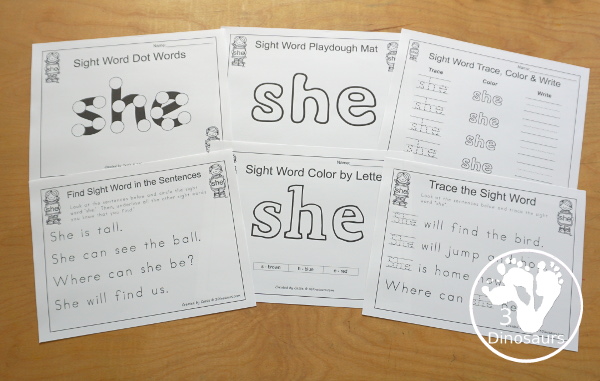 Free Romping & Roaring Primer Sight Words: Say, She, So, Soon - you have 6 pages for each sight word that work on learning the sight word in different ways with reading, writing, and finding. 3Dinosaurs.com
