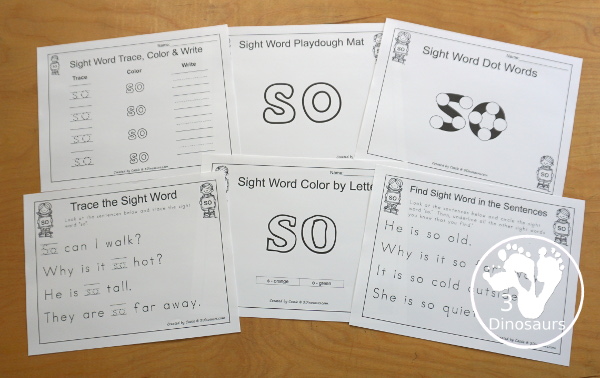 Free Romping & Roaring Primer Sight Words: Say, She, So, Soon - you have 6 pages for each sight word that work on learning the sight word in different ways with reading, writing, and finding. 3Dinosaurs.com