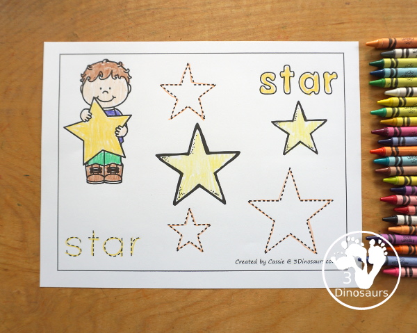 Free Romping & Roaring Star Pack - a free 10 page shape pack for kids to use to learn their shape with tracing, coloring, dot markers and more. - 3Dinosaurs.com