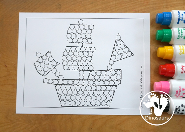 Free Ship Fine Motor Mat Printables - a fun collection of fine motor mats with a shape theme. You have ship template, a ship tracing printable and a ship q-tip page. A great set of printable for kids in preschool, prek and kindergarten - 3Dinosaurs.com