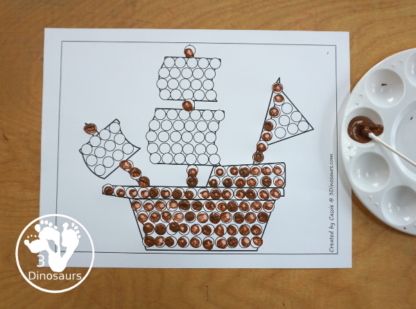 Free Ship Fine Motor Mat Printables - a fun collection of fine motor mats with a shape theme. You have ship template, a ship tracing printable and a ship q-tip page. A great set of printable for kids in preschool, prek and kindergarten - 3Dinosaurs.com