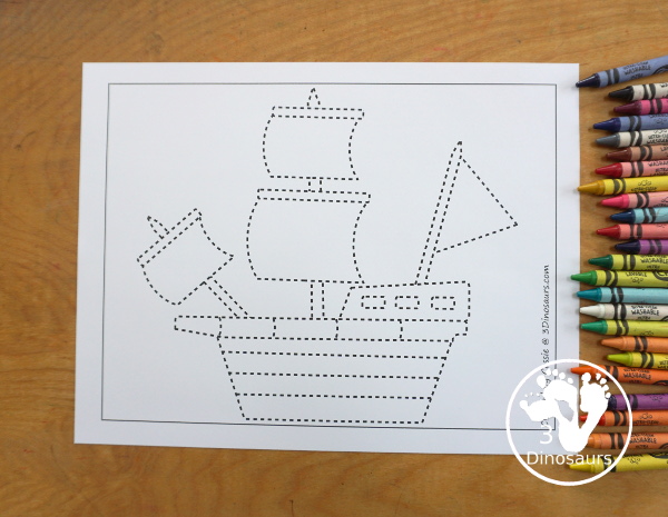 Free Ship Fine Motor Mat Printables - a fun collection of fine motor mats with a shape theme. You have ship template, a ship tracing printable and a ship q-tip page. A great set of printable for kids in preschool, prek and kindergarten - 3Dinosaurs.com