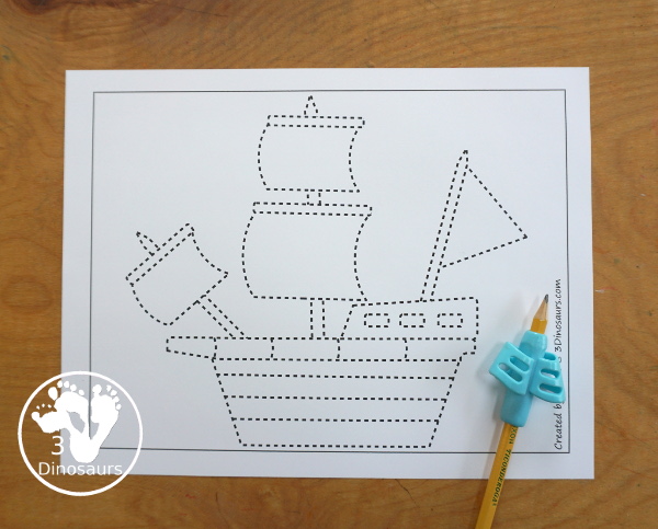 Free Ship Fine Motor Mat Printables - a fun collection of fine motor mats with a shape theme. You have ship template, a ship tracing printable and a ship q-tip page. A great set of printable for kids in preschool, prek and kindergarten - 3Dinosaurs.com
