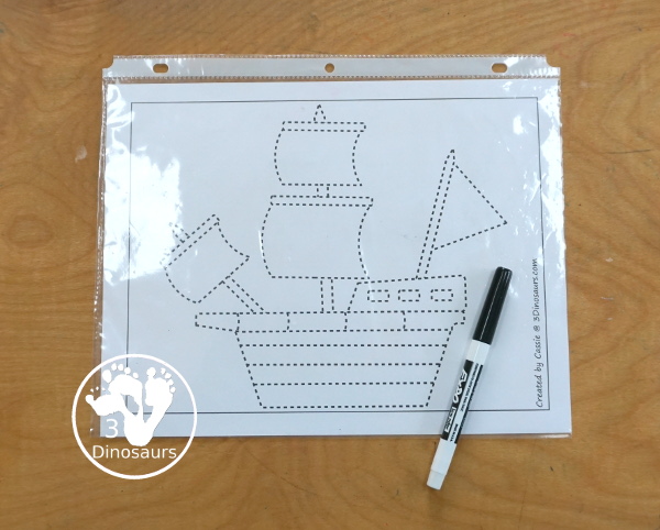 Free Ship Fine Motor Mat Printables - a fun collection of fine motor mats with a shape theme. You have ship template, a ship tracing printable and a ship q-tip page. A great set of printable for kids in preschool, prek and kindergarten - 3Dinosaurs.com