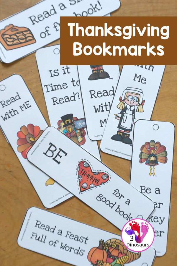 Free Thanksgiving Bookmarks - 8 bookmarks to use during Thanksgiving and with fun sayings for figures. Great for kids in first grade, second grade and third grade. - 3Dinosaurs.com