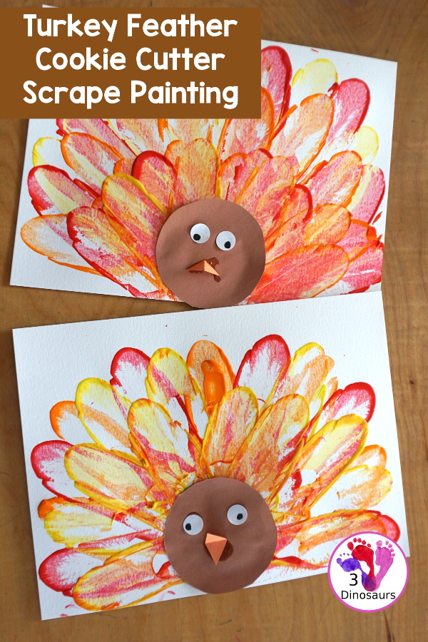 Turkey Feather Scrap Painting for Kids - a fun turkey craft made with a cookie cutter feather and construction paper. A fun painting idea with feathers for a Thanksgiving craft for kids in preschool, prek, and kindergarten. 3Dinosaurs.com