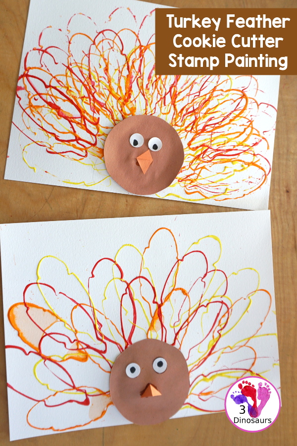 Turkey Feather Stamp Painting for Kids - a fun turkey craft made with a cookie cutter feather and construction paper. A fun idea for a Thanksgiving craft for kids in preschool, prek, and kindergarten. 3Dinosaurs.com