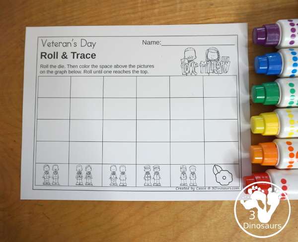 Veteran's Day Roll & Graph With Trace Letters, Numbers & Shapes with a folding die and cube die with a graphing sheet, graphing with tracing numbers, graphing with tracing letters and graphing with tracing shapes. All with a fun military theme for prek and kindergarten. - 3Dinosaurs.com
