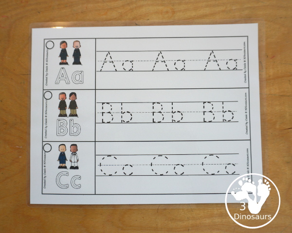 Free Veteran's Day ABC Tracing Strips - with uppercase and lowercase together. You have fun kids with a military theme plus you can see an example of how to trace the letters - 3Dinosaurs.com