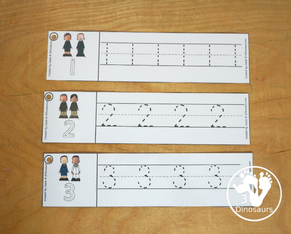 Free Veteran's Day Number Tracing Strips - with numbers 0 to 20. You can trace the numbers and an example of how to trace the numbers on the strips, plus a military theme on each tracing strip. - 3Dinosaurs.com