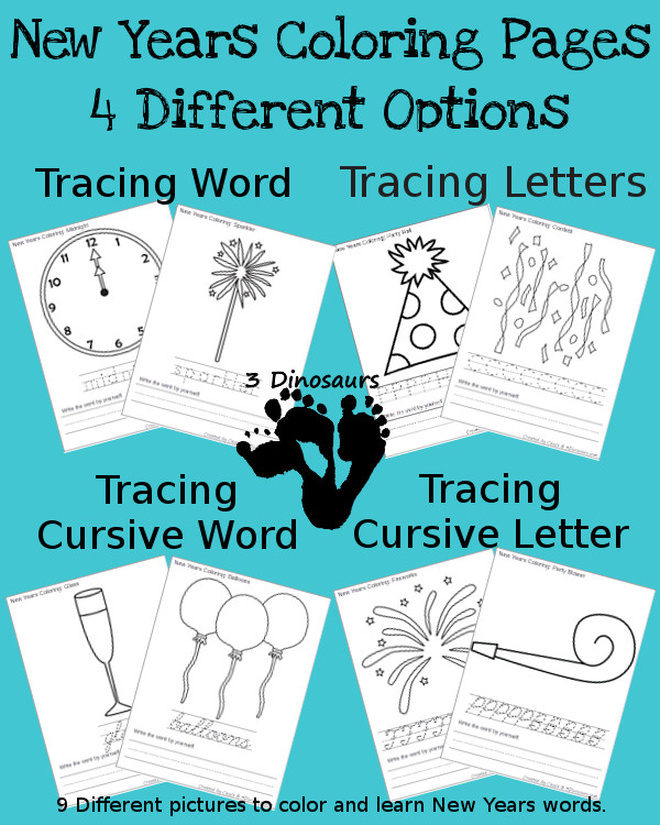 Free New Years Coloring with Word Print & Cursive - 3Dinosaurs.com
