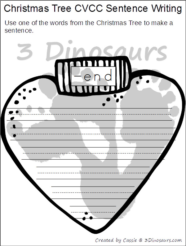 FREE CVC & CVCC Word Family Christmas Tree Writing Printable - ornaments on the tree and a writing page for each word family - 3Dinosaurs.com