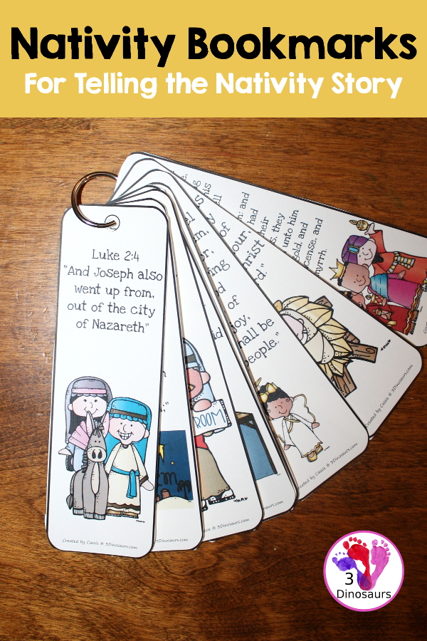 Free Nativity Themed Bookmarks - 8 different ones to pick from with matching scriptures telling the Nativity story for kids. - 3Dinosaurs.com