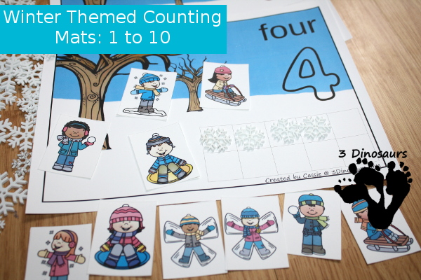 FREE Easy to Use Hands-On Winter Counting Mats: numbers 1 to 10 with ten frames and counting items - 3Dinosaurs.com