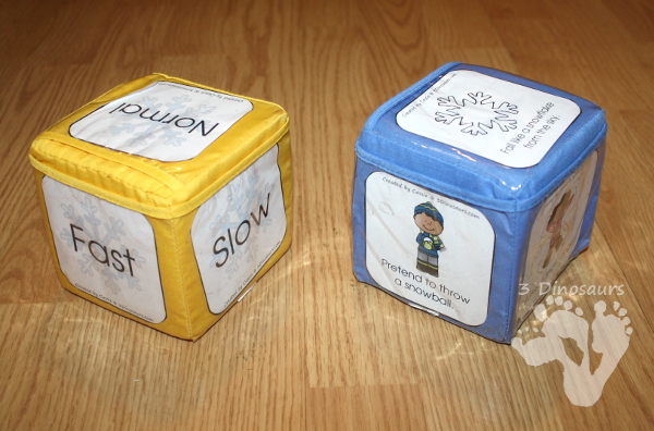 FREE Snowy Winter Gross Motor Dice for Indoor Fun - 6 winter movements on a dice with a speed dice. - 3Dinosaurs.com