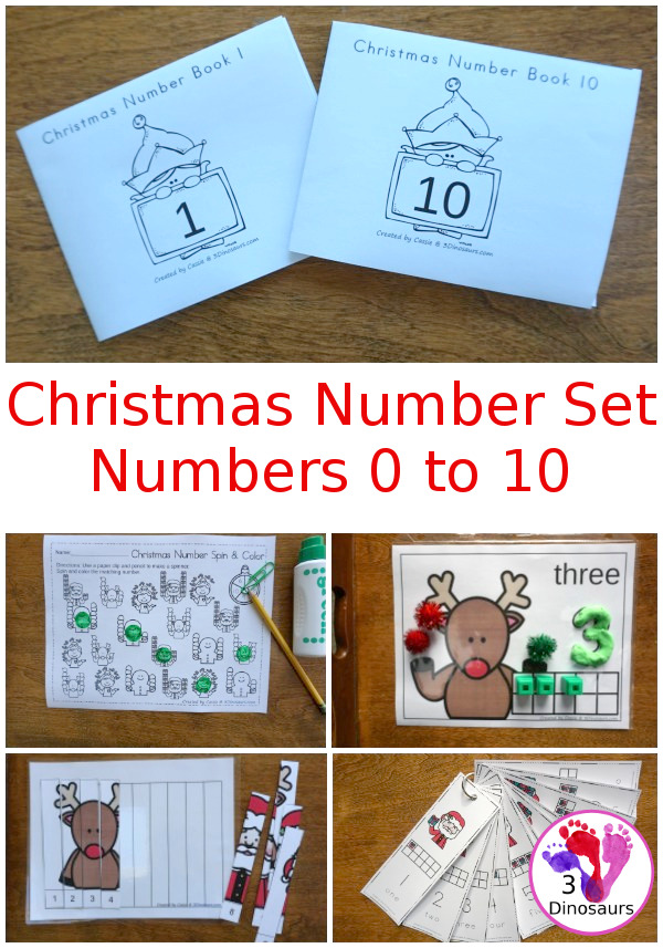 Christmas Themed Number Set 1 to 10 - with clip cards, puzzles, no-prep worksheets, easy reader books, playdough mats and more $ - 3Dinosaurs.com #printablesforkids #Christmas #christmasprintables #tpt #teacherspayteachers