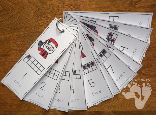 Christmas Themed Number Set 1 to 10 - with clip cards, puzzles, no-prep worksheets, easy reader books, playdough mats and more $ - 3Dinosaurs.com #printablesforkids #Christmas #christmasprintables #tpt #teacherspayteachers