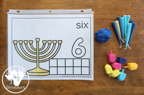 Free Hands-On Hanukkah Themed Counting Mats: 1 to 8 - 8 different mats for counting each night - 3Dinosaurs.com #handsonprintables #hanukkah #countingforkids