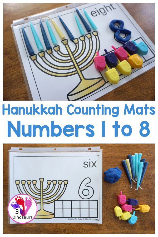 Free Hands-On Hanukkah Themed Counting Mats: 1 to 8 - 8 different mats for counting each night - 3Dinosaurs.com #handsonprintables #hanukkah #countingforkids