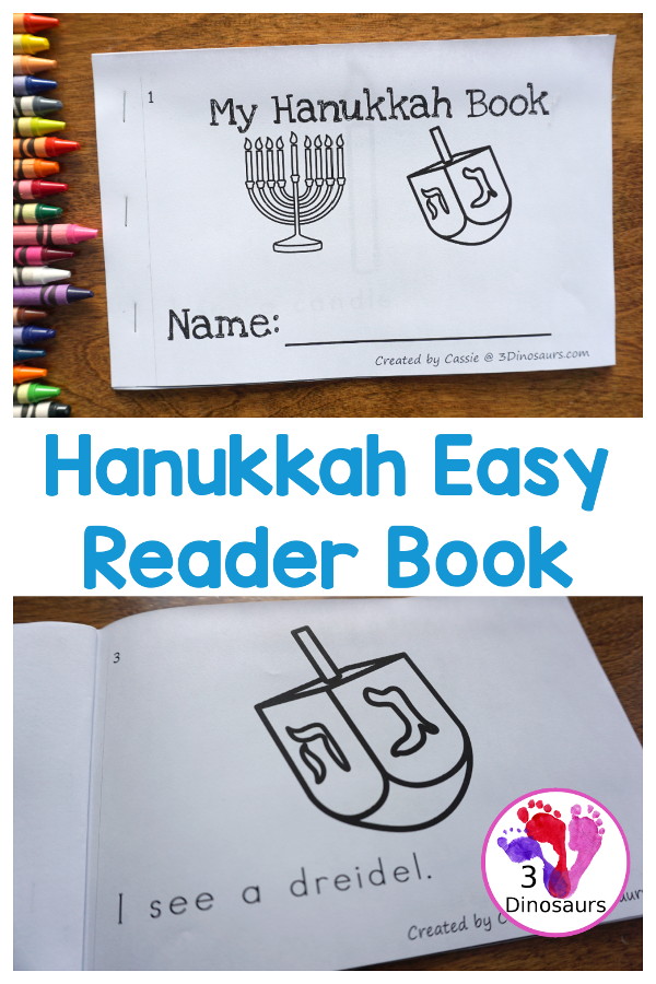 Free Hanukkah Themed Easy Reader Book - 8 page book with Hanukkah themed words for kindergarten and prek - 3Dinosaurs.com #easyreaderbook #hanukkahforkids #freeprintables