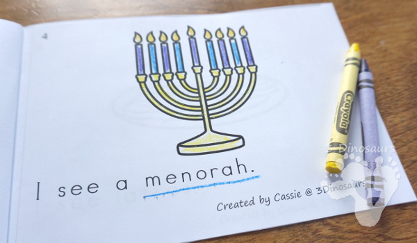Free Hanukkah Themed Easy Reader Book - 8 page book with Hanukkah themed words - 3Dinosaurs.com #easyreaderbook #hanukkahforkids #freeprintables