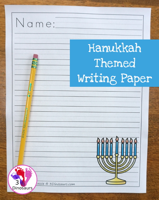 Free Fun Hanukkah Themed Writing Paper - 9 different images and 2 page types to pick from $ - 3Dinosaurs.com #freeprintable #hanukkahprintables #writingforkids