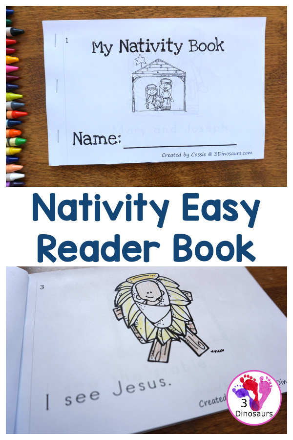 Free Nativity Easy Reader Book - 8 different Nativity themed words. It also has sight words in the book - 3Dinosaurs.com #freeprintable #nativity #christmasprintables #easyreaderbook