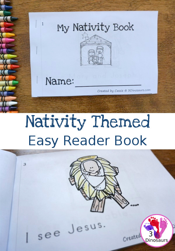 Free Nativity Easy Reader Book - 8 different Nativity themed words. It also has sight words in the book - 3Dinosaurs.com #freeprintable #nativity #christmasprintables #easyreaderbook