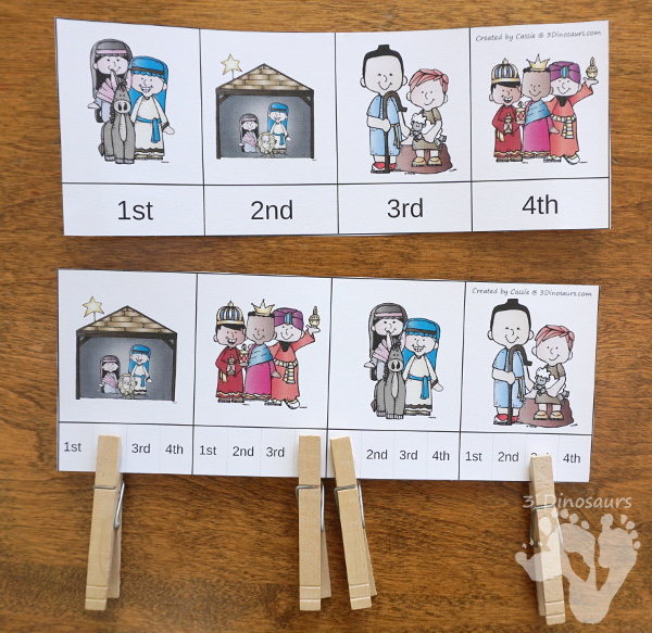 Free Nativity Sequencing Printable - 4 different pictures to work on the sequencing of the nativity story - 3Dinosaurs.com #freeprintable #nativity #christmasprintables #sequencingforkids
