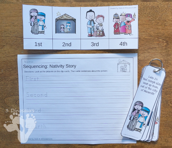 Free Nativity Sequencing Printable - 4 different pictures to work on the sequencing of the nativity story - 3Dinosaurs.com #freeprintable #nativity #christmasprintables #sequencingforkids