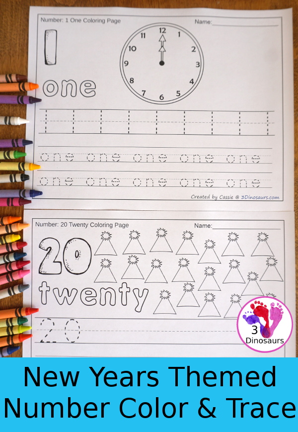 No-Prep New Year's Themed Number Color and Trace - easy no-prep printables to work on numbers. Each has 44 pages with two options for the numbers tracing or writing $ - 3Dinosaurs.com #noprepprintable #newyearsprintables #numbersforkids