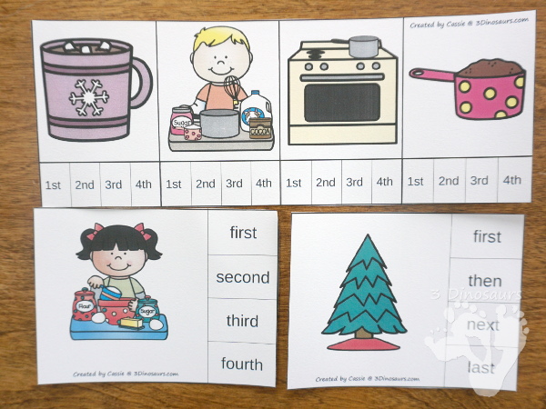 Sequencing Cards Set for Winter - 4 different sets: Decorating a Christmas Tree, Making Hot Chocolate, Making Cookies, and Wrapping A Gift in a growing bundle with clip cards, task cards, no-prep worksheets and easy reader books $ - 3Dinosaurs.com #printablesforkids #sequencingforkids #christmas #winterprintables #tpt #teacherspayteachers