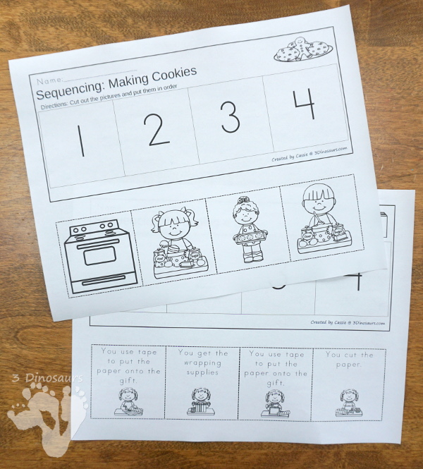 Sequencing Cards Set for Winter - 4 different sets: Decorating a Christmas Tree, Making Hot Chocolate, Making Cookies, and Wrapping A Gift in a growing bundle with clip cards, task cards, no-prep worksheets and easy reader books $ - 3Dinosaurs.com #printablesforkids #sequencingforkids #christmas #winterprintables #tpt #teacherspayteachers